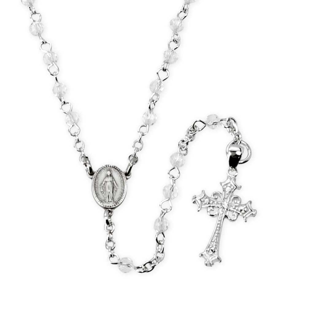 HMH Religious Clear Crystal Bead Sterling Silver Rosary Necklace,