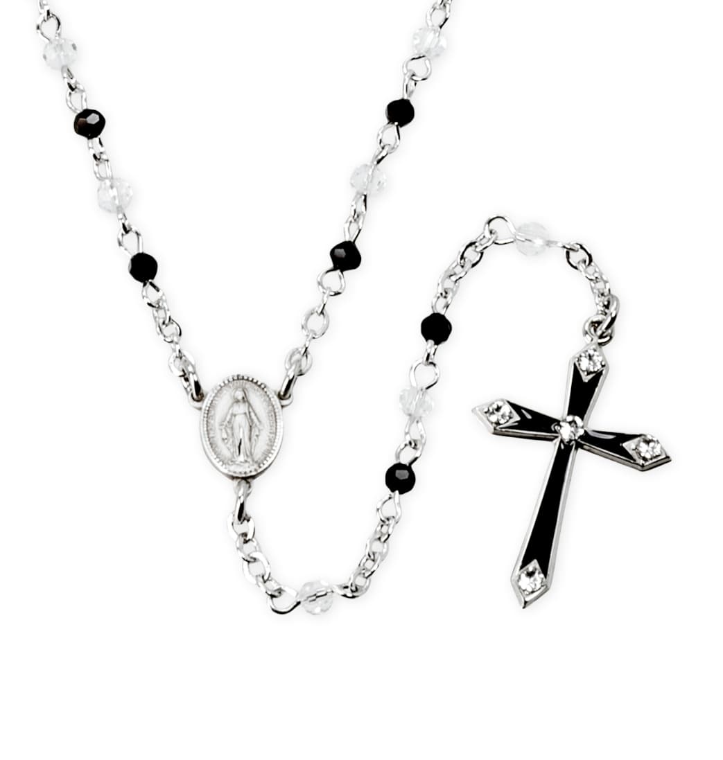 HMH Religious Crystal and Black Enameled Cross Sterling Rosary Necklace