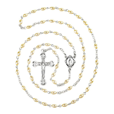 Children Miraculous Medal Sterling Silver Rosary featuring 3 x 5mm cream oval faux pearls. Sterling silver center and crucifix, 17-inches long, HMH Religious