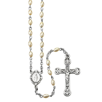 Children Miraculous Medal Sterling Silver Rosary featuring 3 x 5mm cream oval faux pearls. Sterling silver center and crucifix, HMH Religious
