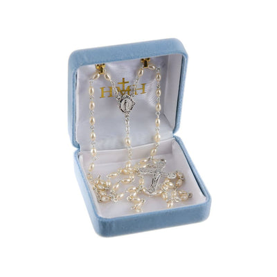 Children Miraculous Medal Sterling Silver Rosary featuring 3 x 5mm cream oval faux pearls. Sterling silver center and crucifix, gift box, HMH Religious