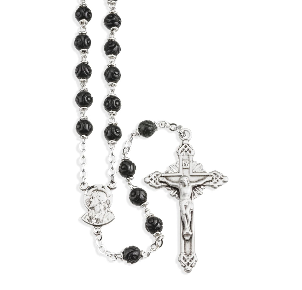 Sacred Heart of Jesus Scapular with Our Lady of Mount Carmel 5mm Black Coco Bead Rosary, 18-inches long, HMH Religious