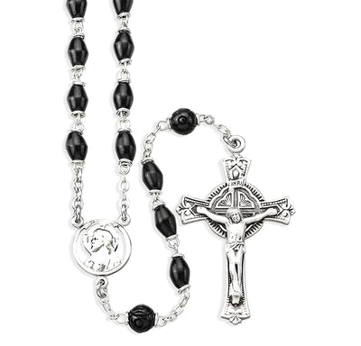 Sacred Heart of Jesus Scapular Brown Coco Beads with Carved Bead Rosary, 5mm x 7mm Black oval genuine cocoa beads and 8mm Carved Our Father beads, HMH Religious