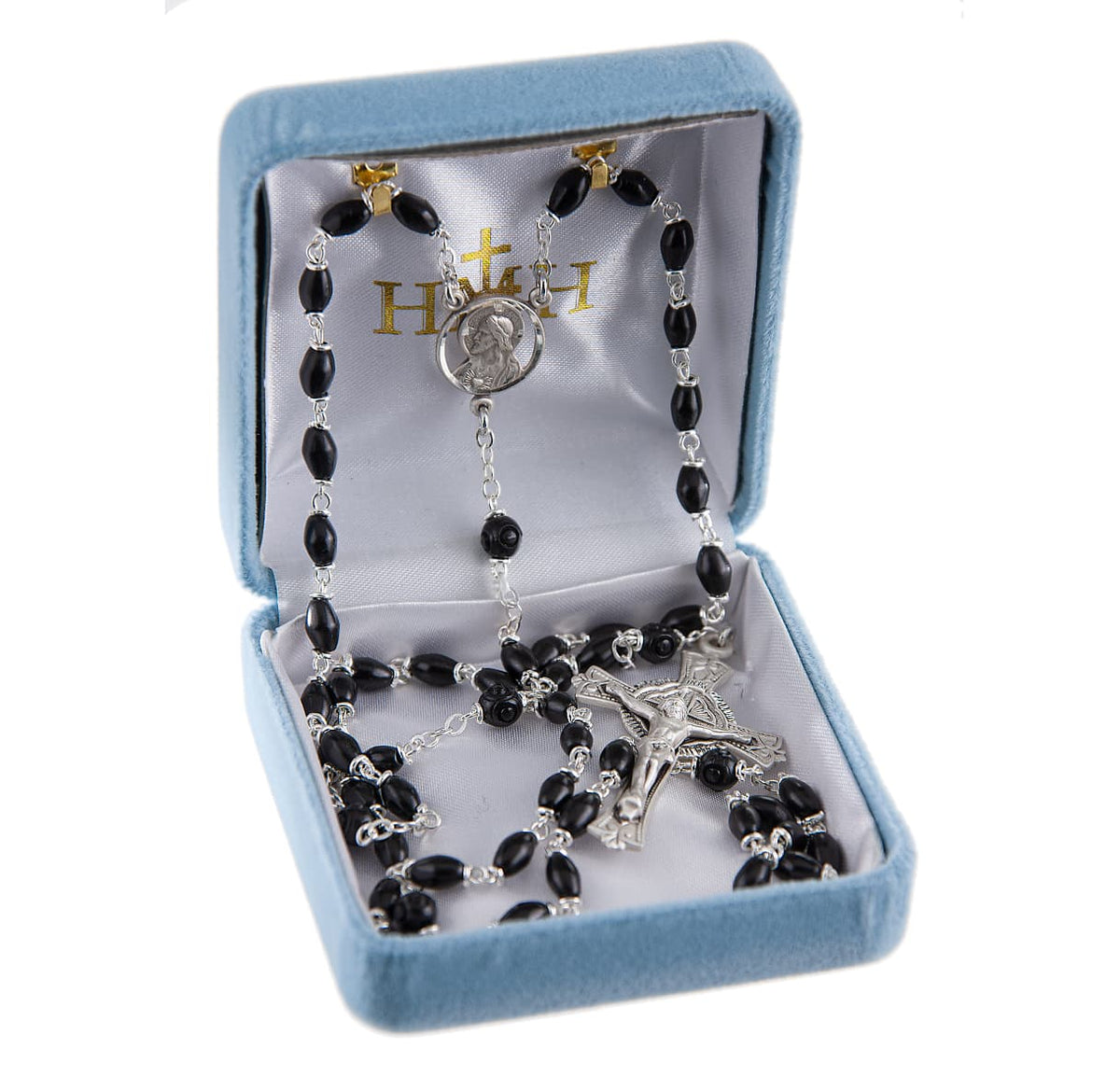 HMH Sacred Heart of Jesus Scapular Brown Coco Beads with Carved Bead Rosary, 5mm x 7mm Black oval genuine cocoa beads and 8mm Carved Our Father beads in gift box.
