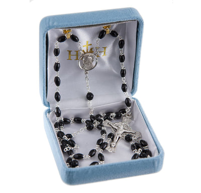 Sacred Heart of Jesus Scapular Brown Coco Beads with Carved Bead Rosary, 5mm x 7mm Black oval genuine cocoa beads and 8mm Carved Our Father beads in gift box, HMH Religious