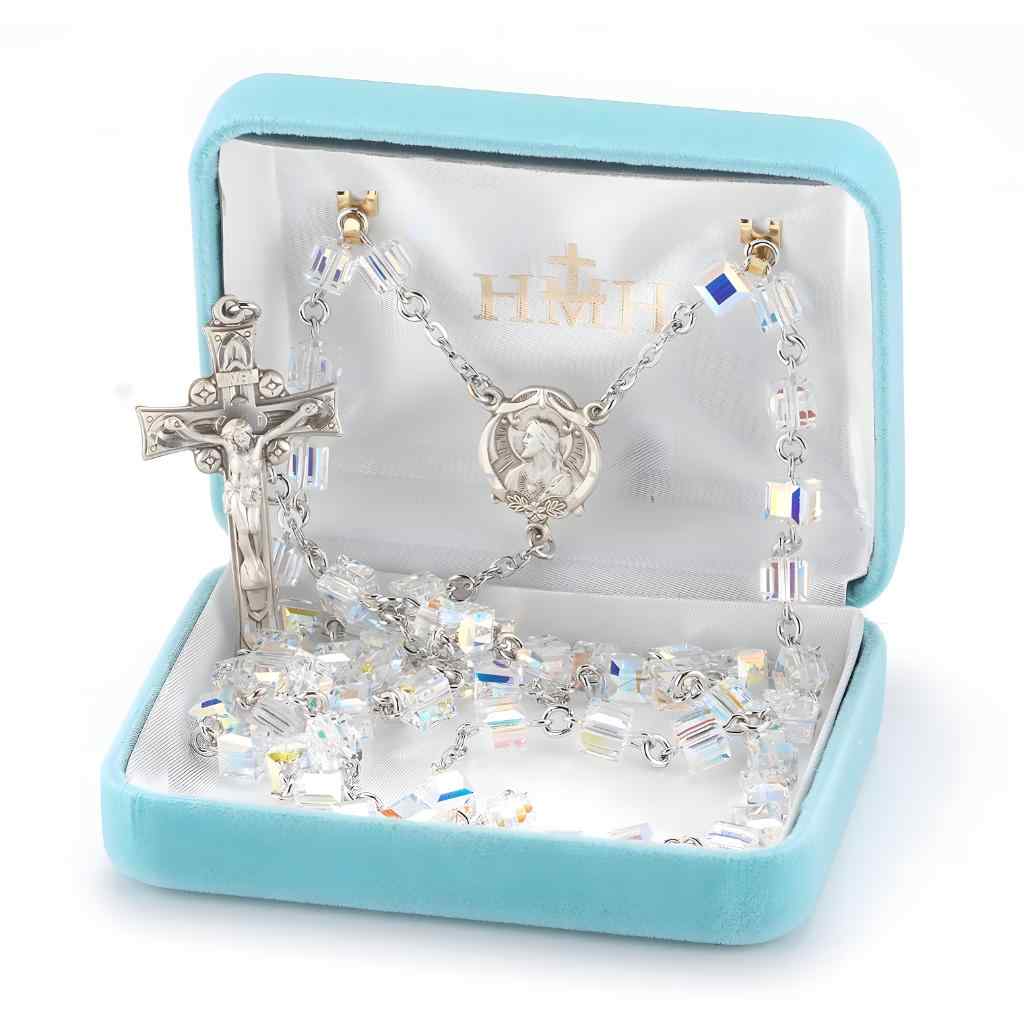 Scapular Sterling Silver Rosary with 6mm aurora borealis crystals by Swarovski® Austrian Crystal faceted cube beads. Made in USA in gift box (view 1)