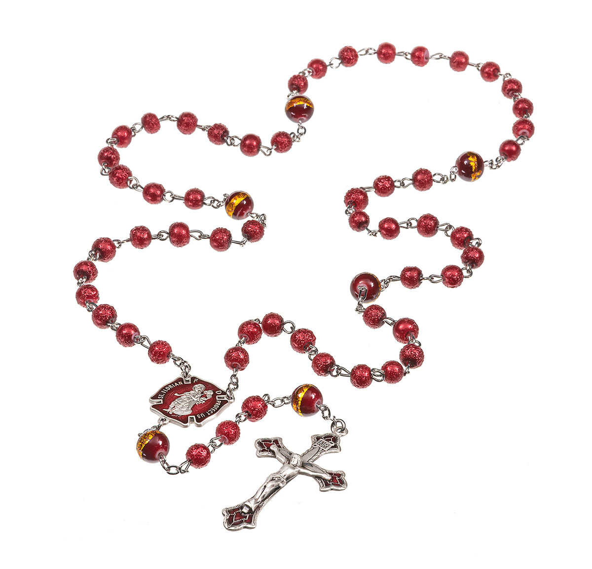 HMH St Florian Firefighter 6mm Red Lava Glass Rosary