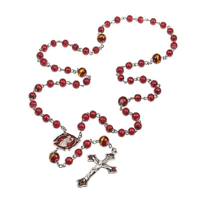 St. Florian Fire Fighter Rosary with 6mm red lava beads, 8mm red & gold glass Our Father beads, red epoxy pewter and center crucifix ( view 2)