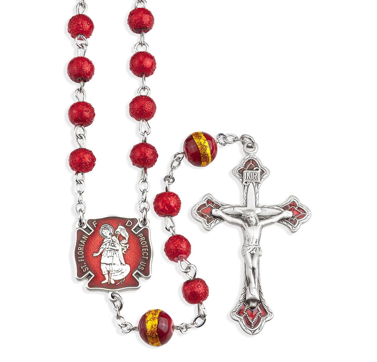 HMH St Florian Fire Fighter 6mm Red Lava Glass Rosary