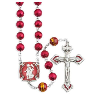 St. Florian Fire Fighter Rosary with 6mm red lava beads, 8mm red & gold glass Our Father beads, red epoxy pewter and center crucifix ( view 1)
