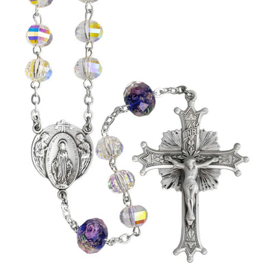 Miraculous with Angels Sterling Silver Blue Flowered Glass and 8mm AB Crystal Bead Rosary, HMH Religious