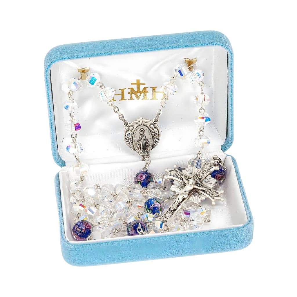 Miraculous with Angels Sterling Silver Blue Flowered Glass and 8mm AB Crystal Bead Rosary in Deluxe Gift Box, HMH Religious