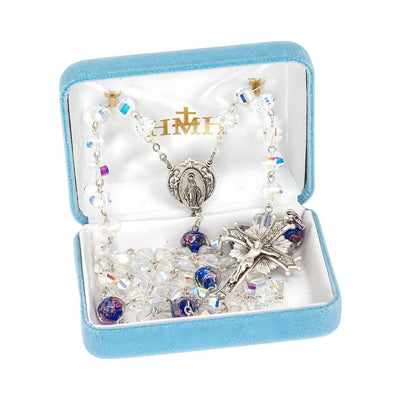 Miraculous with Angels Sterling Silver Blue Flowered Glass and 8mm AB Crystal Bead Rosary in Deluxe Gift Box, HMH Religious