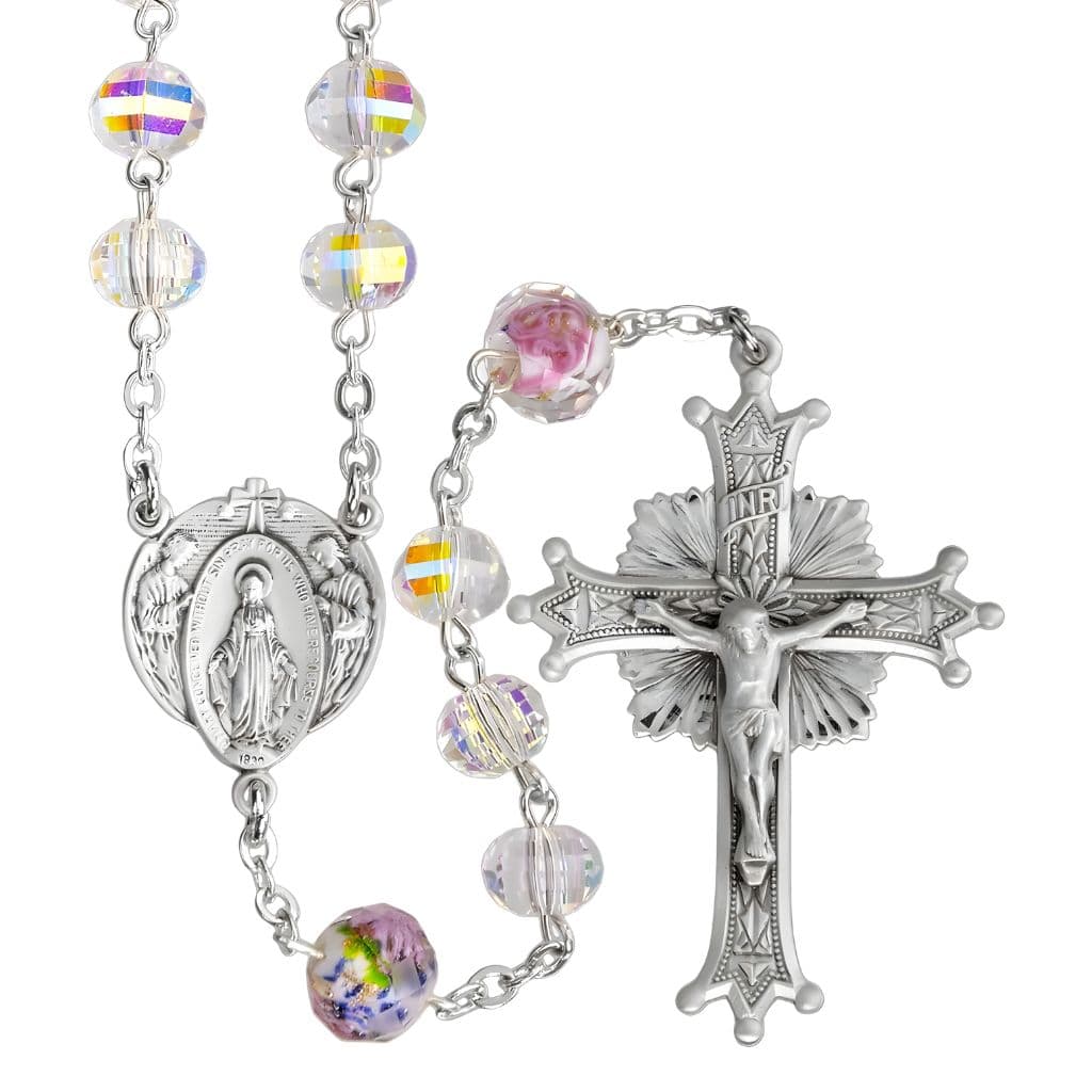 HMH Religious Miraculous with Angels Sterling Silver White Flowered Glass & 8mm AB Crystal Bead Rosary.