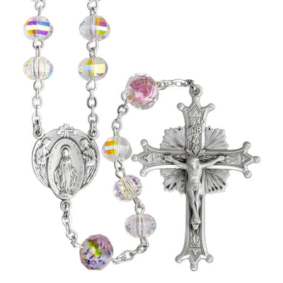 Miraculous with Angels Sterling Silver White Flowered Glass & 8mm AB Crystal Bead Rosary, HMH Religious