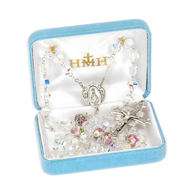 Miraculous with Angels Sterling Silver White Flowered Glass & 8mm AB Crystal Bead Rosary in Gift Box, HMH Religious