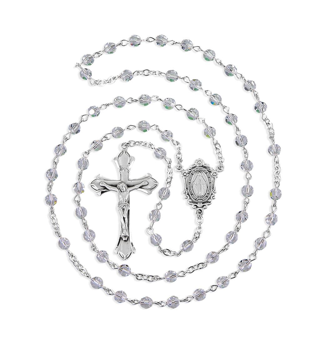 HMH Religious 6mm Clear Austrian Crystal Bead Full Rosary,Sterling Silver Crucifix and Center,