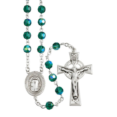 Our Lady of Sorrows 6mm Emerald Crystal Bead Sterling Silver Rosary, HMH Religious