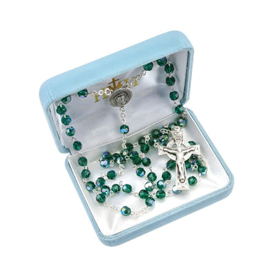 Our Lady of Sorrows 6mm Emerald Crystal Bead Sterling Silver Rosary in Box, HMH Religious