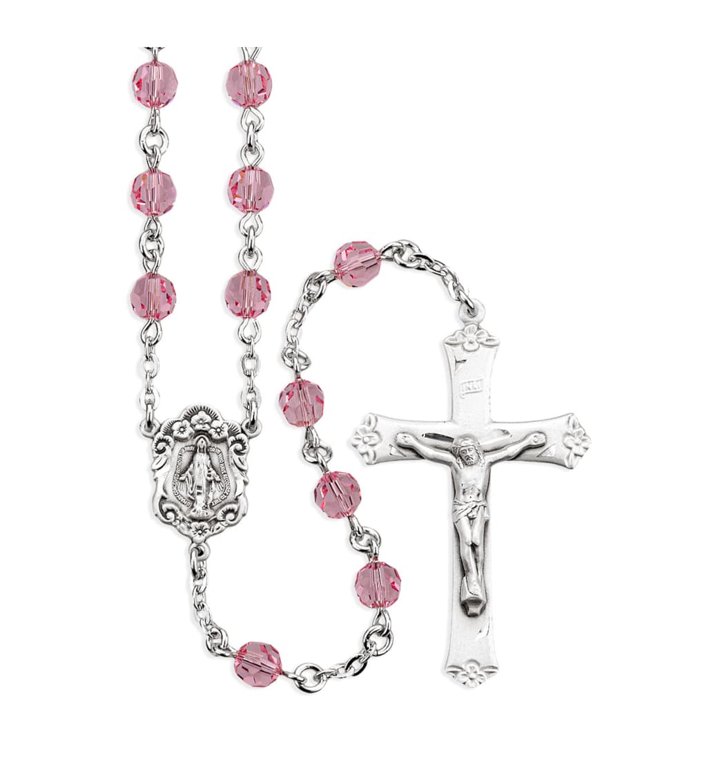 HMH Religious 6mm Lt Rose Crystal Rosary w/Sterling Crucifix and Center,