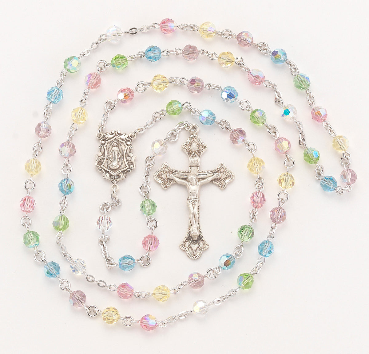 6mm Multi-Color Crystal Rosary w/Sterling Crucifix and Center