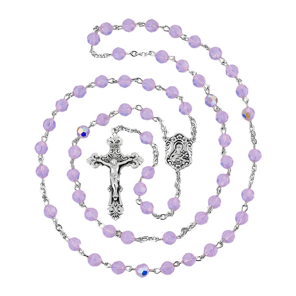 St. Therese Rosary with 6mm faceted Austrian rose opal crystal beads, with sterling silver center & crucifix HMH Religious (view 2)
