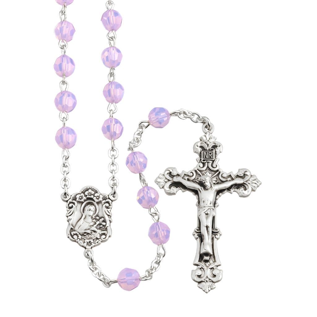 St. Therese Rosary with 6mm faceted Austrian rose opal crystal beads, with sterling silver center & crucifix HMH Religious