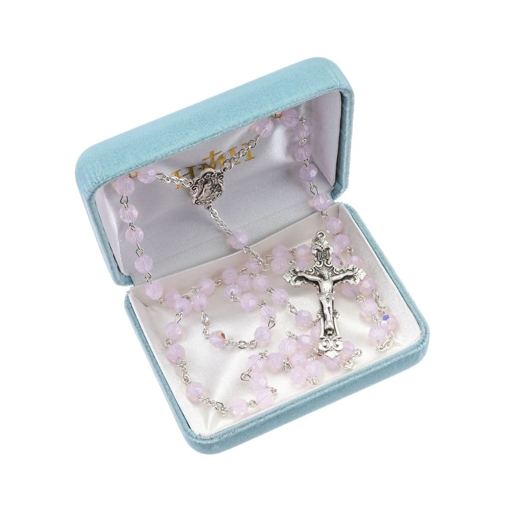 St. Therese Rosary with 6mm faceted Austrian rose opal crystal beads, with sterling silver center & crucifix in gift box (view 3)