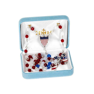 HMH Religious American Patriotic rosary with red, white, and blue faceted crystal beads and stars-and-stripes crucifix centerpiece in gift box