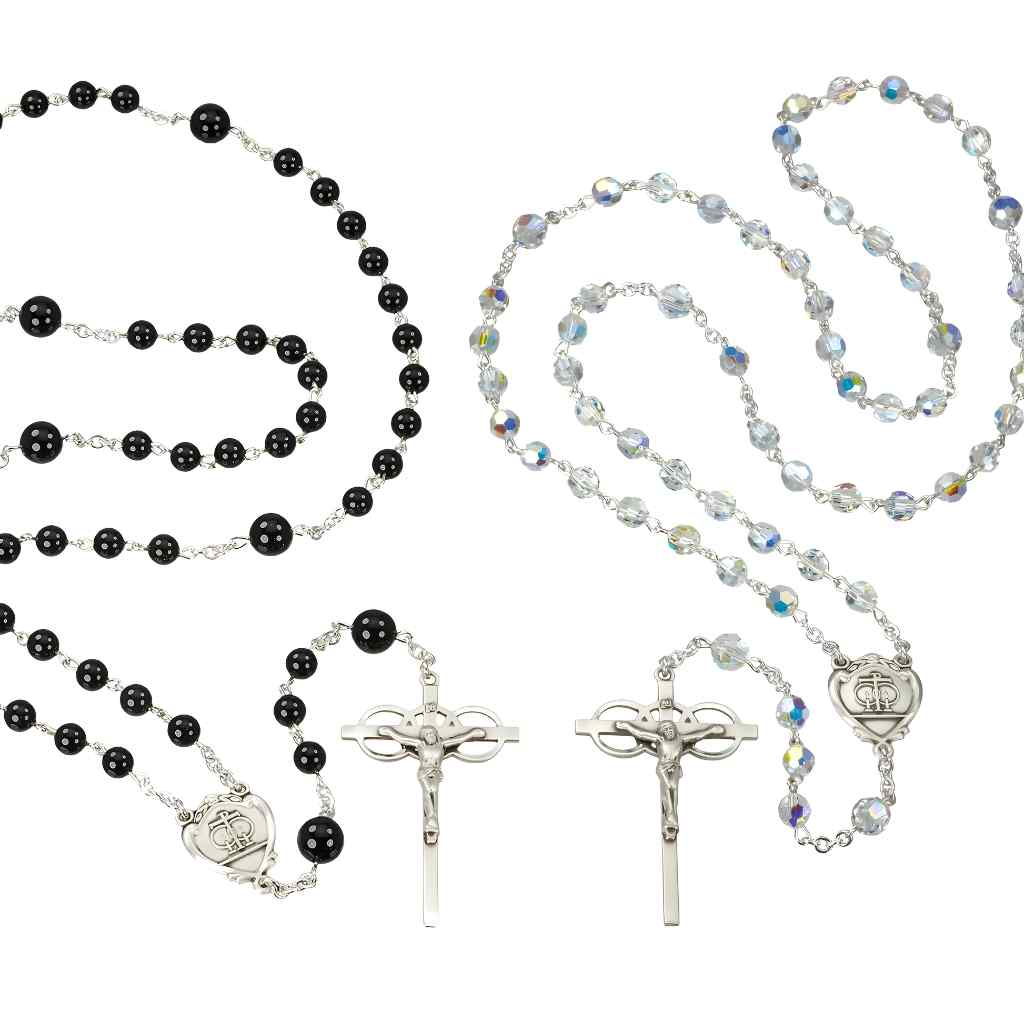 His and Her Wedding Crystal & Onyx Bead Sterling Silver Rosary Set with platinum plated brass wire and chain