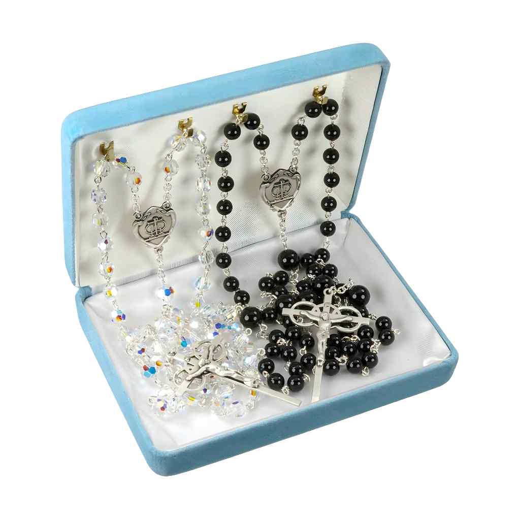His and Her Wedding Crystal & Onyx Bead Sterling Silver Rosary Set with platinum plated brass wire and chain in gift box