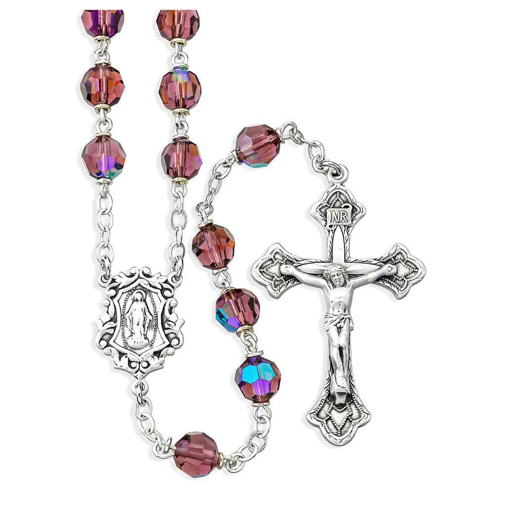 Fancy Miraculous 7mm Amethyst Czech Sterling Silver Rosary | HMH Religious