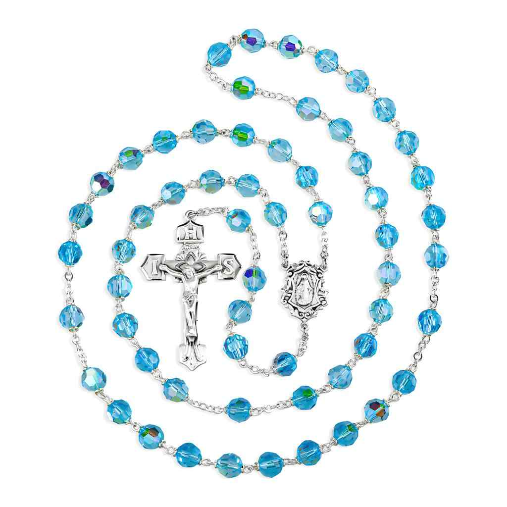 Fancy Sterling Silver Miraculous Medal with 7mm Aqua Czech Crystal Sterling Silver Rosary with Sterling Silver IHS Crucifix and plated chain and wire (view 2)
