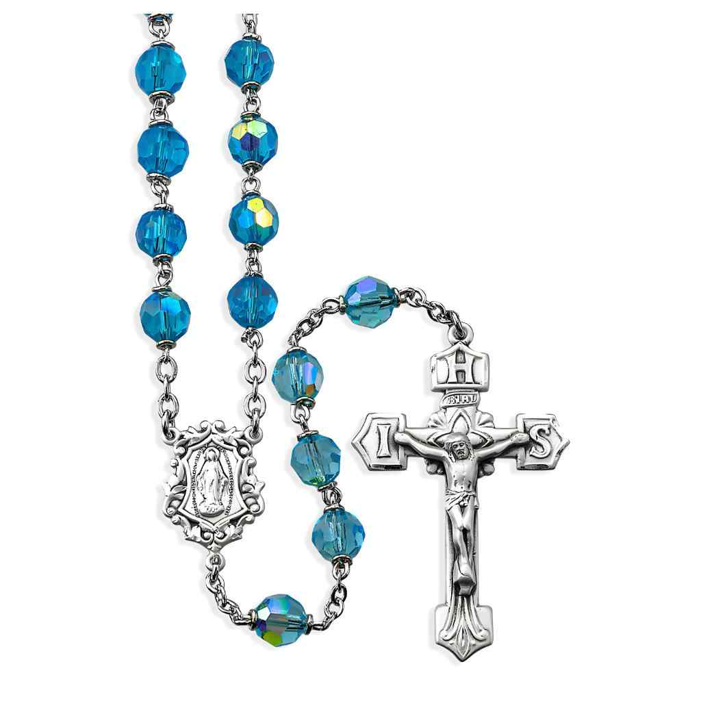Fancy Sterling Silver Miraculous Medal with 7mm Aqua Czech Crystal Sterling Silver Rosary with Sterling Silver IHS Crucifix and plated chain and wire (view 1)