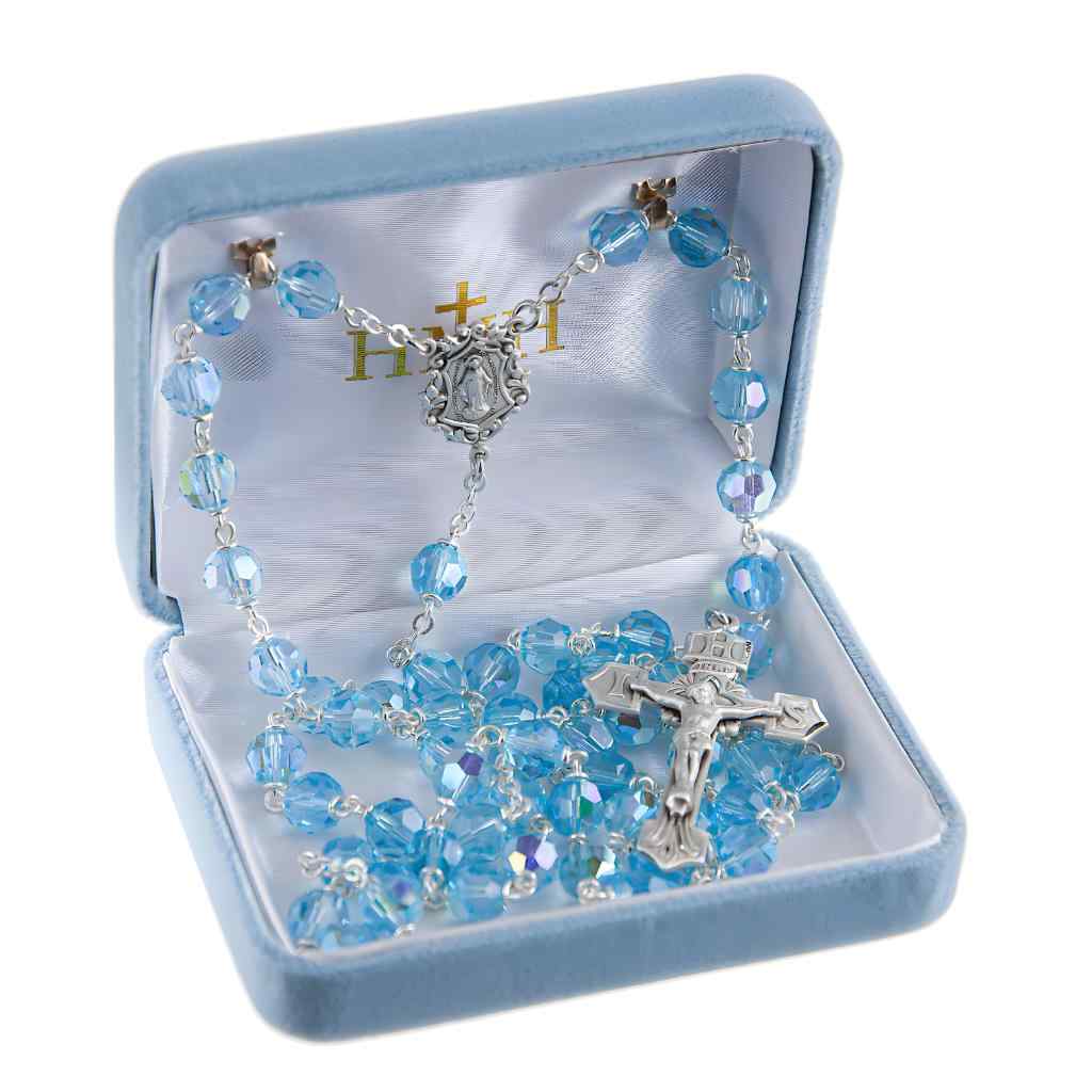 Fancy Sterling Silver Miraculous Medal with 7mm Aqua Czech Crystal Sterling Silver Rosary with Sterling Silver IHS Crucifix in gift box (view 3)
