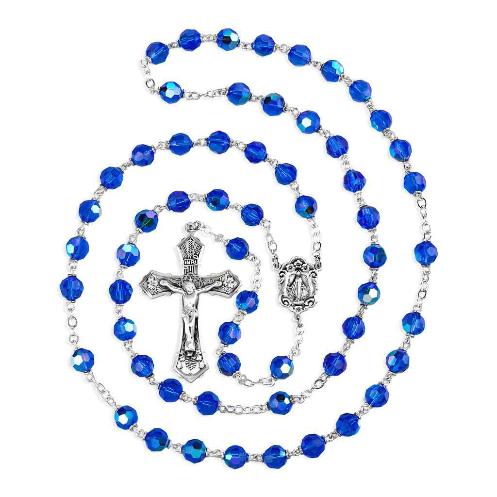 7mm Bermuda Blue Czech Crystal Rosary with flower sterling silver Miraculous medal with wheat & grape crucifix and plated chain and wire (view 2)