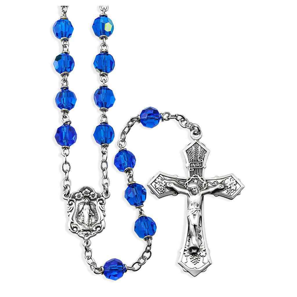 7mm Bermuda Blue Czech Crystal Rosary with flower sterling silver Miraculous medal with wheat & grape crucifix and plated chain and wire (view 1)