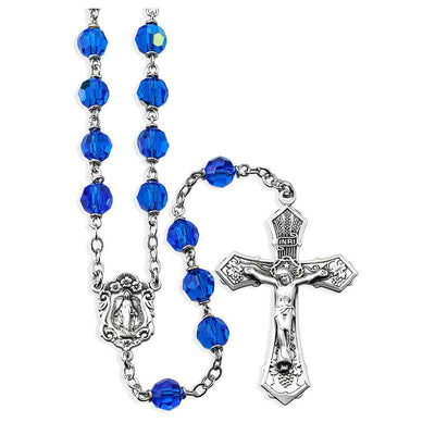 7mm Bermuda Blue Czech Crystal Rosary with flower sterling silver Miraculous medal with wheat & grape crucifix and plated chain and wire (view 1)