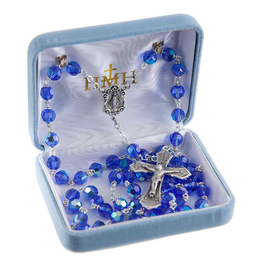 7mm Bermuda Blue Czech Crystal Rosary with flower sterling silver Miraculous medal with wheat & grape crucifix and plated chain and wire in gift box (view 2)