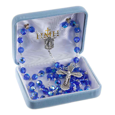 7mm Bermuda Blue Czech Crystal Rosary with flower sterling silver Miraculous medal with wheat & grape crucifix and plated chain and wire in gift box (view 2)