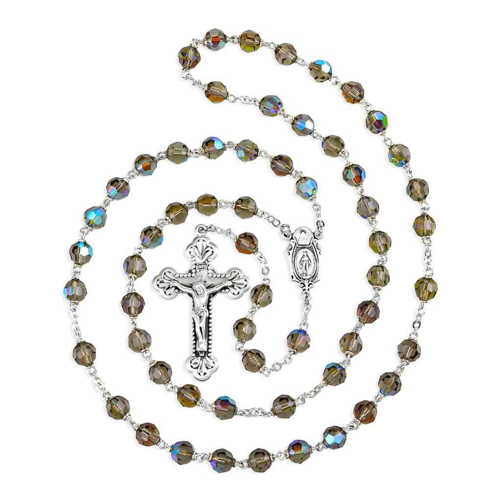 Miraculous & Sacred Heart 7mm Bermuda Diamond Crystal Czech Aurora Bead Rosary. Sterling silver center & crucifix and plated wire and chain (view 2)