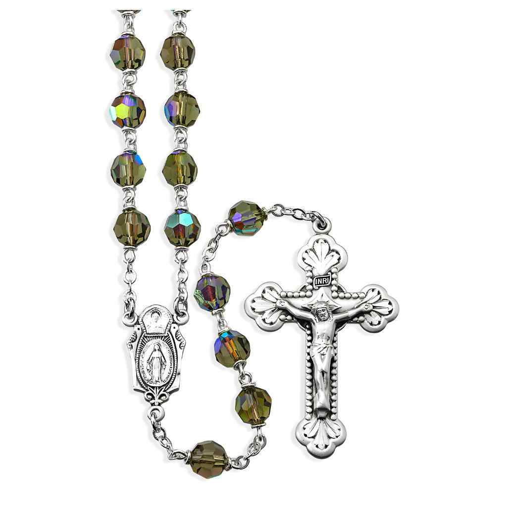 Miraculous & Sacred Heart 7mm Bermuda Diamond Crystal Czech Aurora Bead Rosary. Sterling silver center & crucifix and plated wire and chain (view 1)