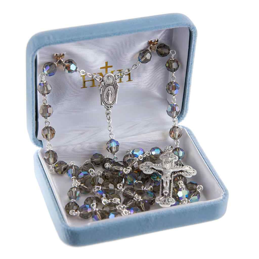 Miraculous & Sacred Heart 7mm Bermuda Diamond Crystal Czech Aurora Bead Rosary. Sterling silver center & crucifix and plated wire and chain in gift box (view 3)