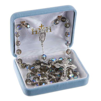 Miraculous & Sacred Heart 7mm Bermuda Diamond Crystal Czech Aurora Bead Rosary. Sterling silver center & crucifix and plated wire and chain in gift box (view 3)