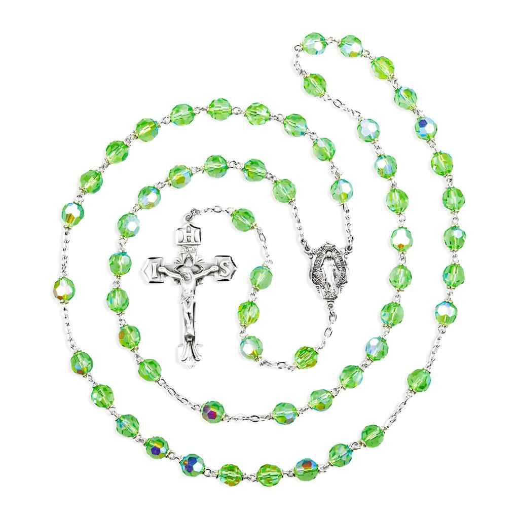 Chrysolite 7mm Crystal Czech Aurora Bead Sterling Silver Rosary with Miraculous medal center and IHS crucifix  in sterling silver (view 2)