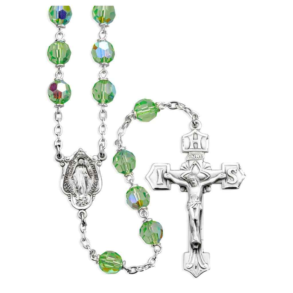 Chrysolite 7mm Crystal Czech Aurora Bead Sterling Silver Rosary with Miraculous medal center and IHS crucifix  in sterling silver (view 1)