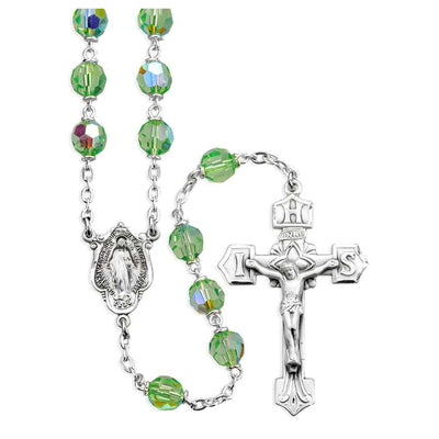 Chrysolite 7mm Crystal Czech Aurora Bead Sterling Silver Rosary with Miraculous medal center and IHS crucifix  in sterling silver (view 1)