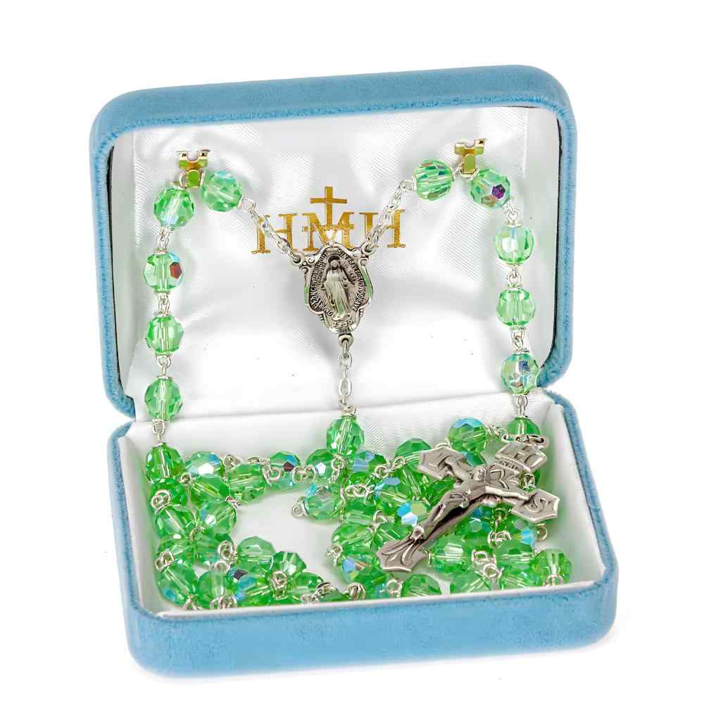 Chrysolite 7mm Crystal Czech Aurora Bead Sterling Silver Rosary with Miraculous medal center and IHS crucifix  in sterling silver in gift box (view 3)