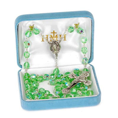 Chrysolite 7mm Crystal Czech Aurora Bead Sterling Silver Rosary with Miraculous medal center and IHS crucifix  in sterling silver in gift box (view 3)