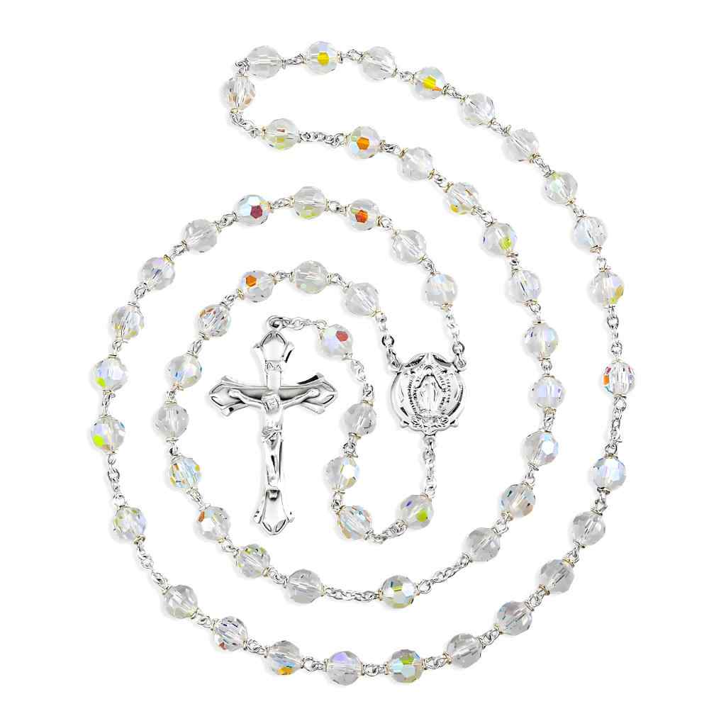 Miraculous Aurora Czech Crystal Bead Rosary. Sterling silver center & crucifix and plated wire and chain (view 2)
